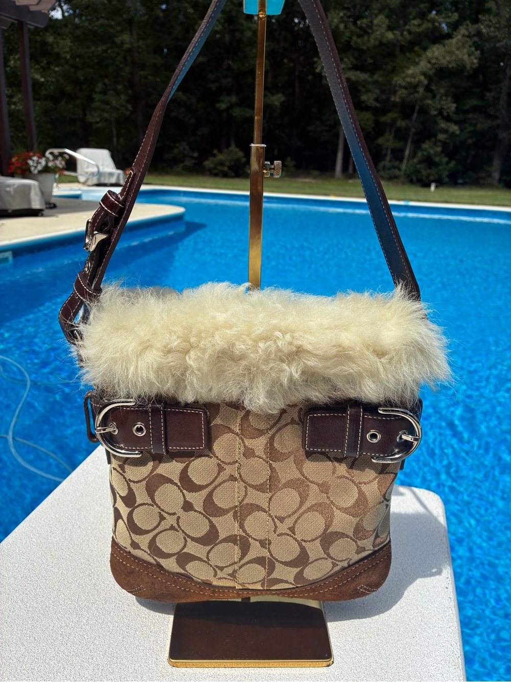 Coach F0528K47 Signature Shearling Fur Trim Shoulder Bag Brown Y2K